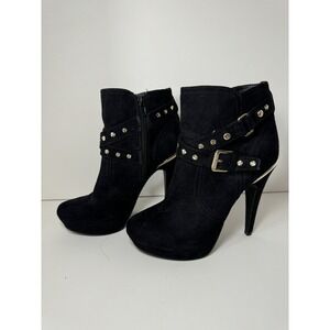 GBG GUESS Deeka Stiletto Platform Boot SIZE 8 Black Faux Suede Studded Buckle